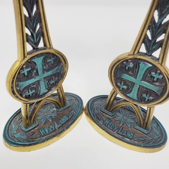 41. Vintage Holyland Jerusalem Brass Cross Candlesticks Holder Set of 2 - Picture 6 of 15
